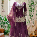 Plum Purple Net Embellished Sharara Suit