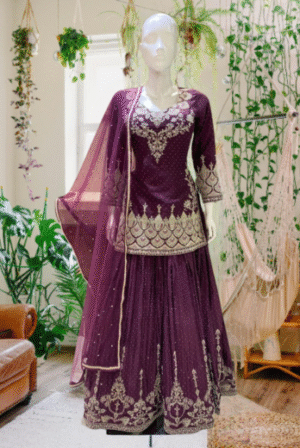 Plum Purple Net Embellished Sharara Suit